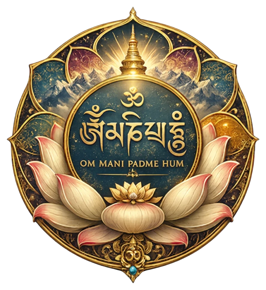 Om Mani Padme Hum sacred art — Tibetan mantra of compassion with lotus, golden stupa, and Himalayan mountains