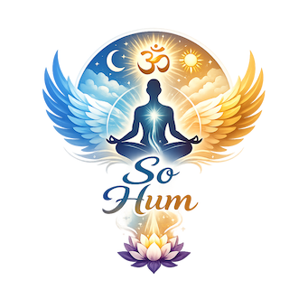 So Hum sacred art — a meditating figure with angelic wings before an Om sun-and-moon mandala, seated above a lotus with the words So Hum