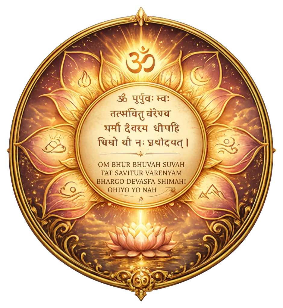 Gayatri Mantra sacred art — a golden sun mandala with lotus petals and Sanskrit verse at dawn