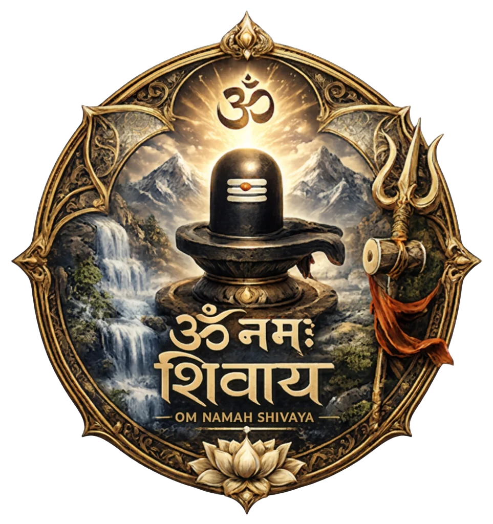 Om Namah Shivaya sacred art — a black Shivalinga before the Himalayas with waterfall, trishula, Om symbol, and Sanskrit ॐ नमः शिवाय in an ornate golden mandala