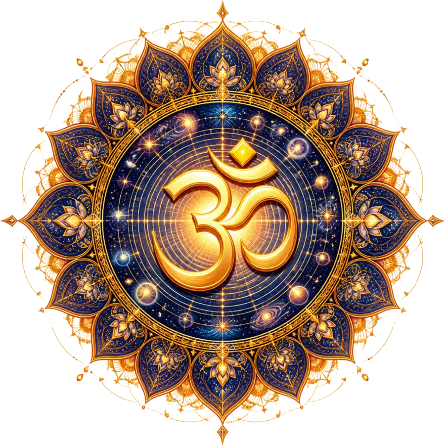 Om Aum sacred art — a radiant golden Sanskrit Om symbol at the center of a cosmic indigo and gold lotus mandala with stars and sound waves