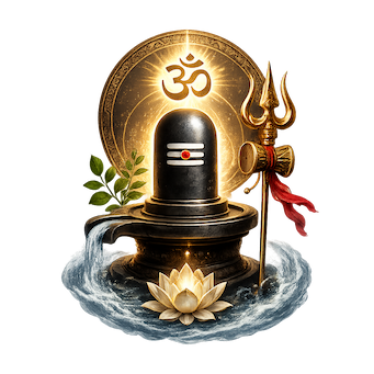 Maha Mrityunjaya Mantra sacred art — a black Shivalinga before a golden Om mandala with trishula, lotus, and swirling waters