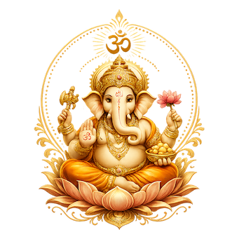 Om Gam Ganapataye Namaha sacred art — golden Ganesha seated on a lotus with an Om mandala, holding a modak, lotus, and axe